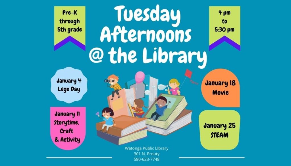 Tuesday programs at the library for PreK through 5th grade